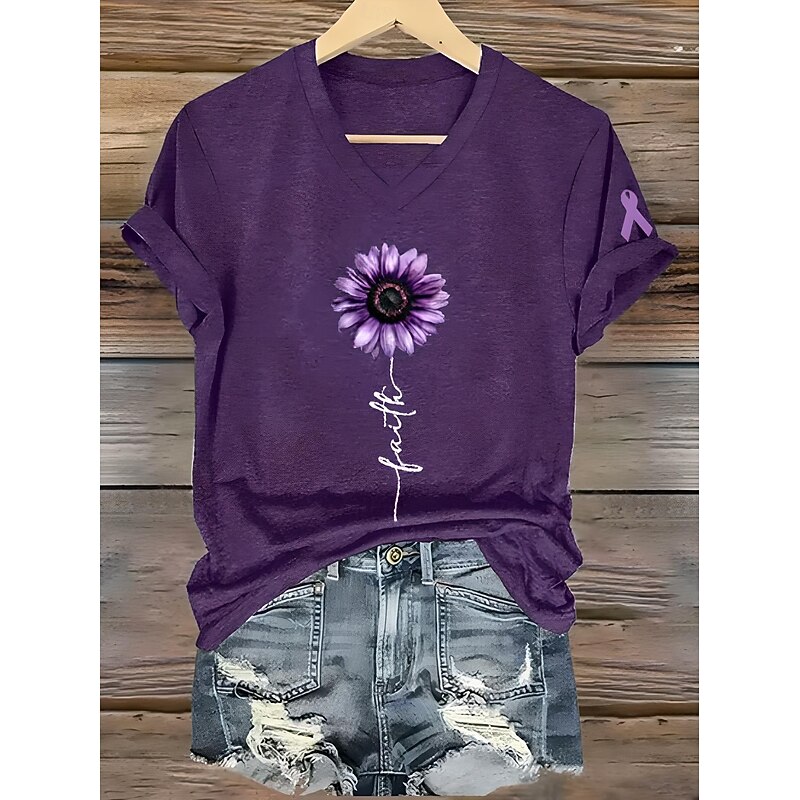 Women's Alzheimer's Print T Shirt Floral Graphic Plants Vintage Stylish Classic Short Sleeve Crew Neck Round Neck Regular Tops Daily Going out Weekend Print Black White Purple Summer2