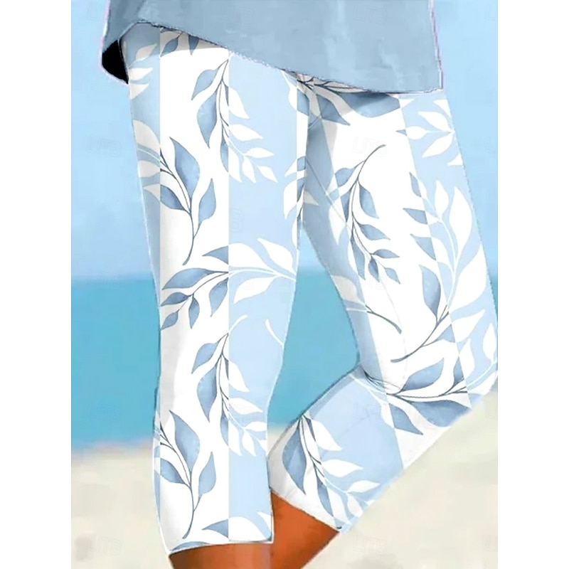 Women's Leggings Capri Pants High Elasticity Vacation Fashion Hawaiian Calf-Length Mid Waist Floral Graphic Leaf Printing Breathable Soft  Vacation Casual Daily Baby blue Summer Spring Regular Fit2