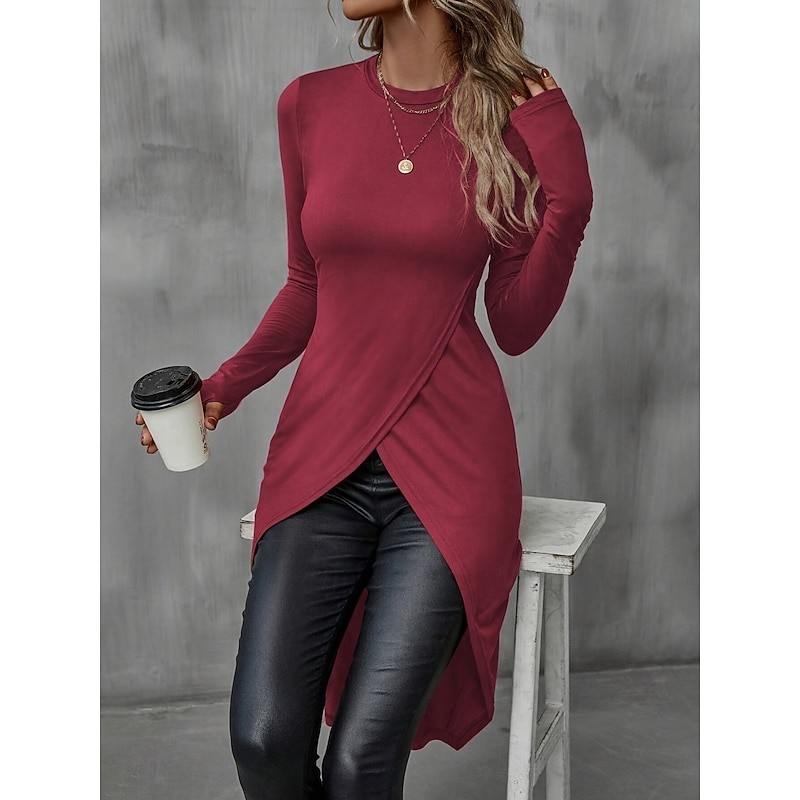 Women's Blouse Solid Color Stylish Casual Long Sleeve Crew Neck Long Tops Daily Ruched Black Wine Brown Green Gray Summer Spring3