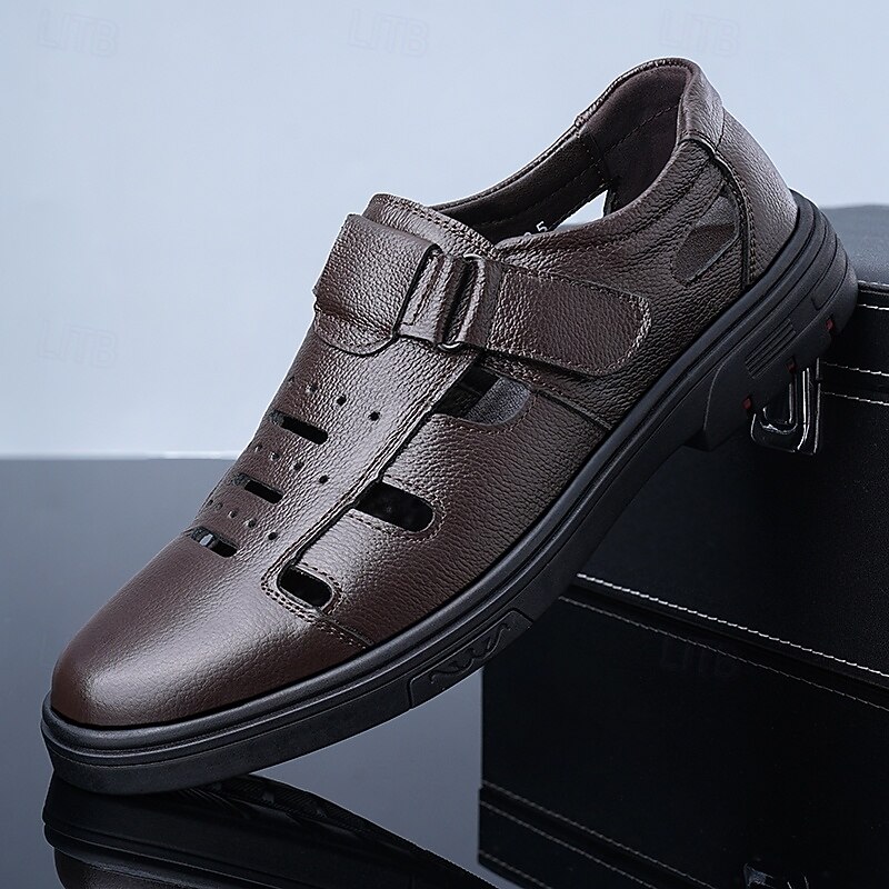 Men's Dark Brown Faux Leather Fisherman Sandals Adjustable Velcro Strap with Cushioned Sole Comfortable for Daily Wear Travel and Beach