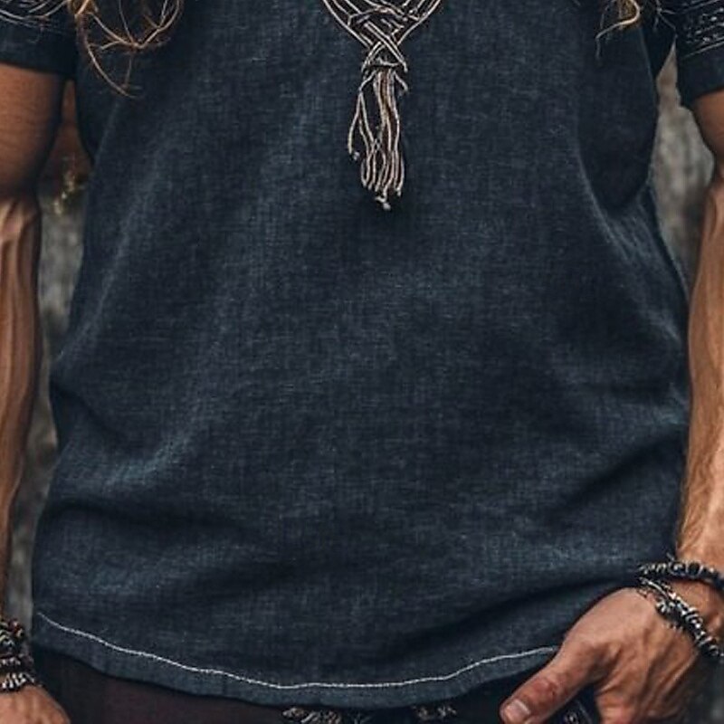 Men's Shirt Casual Shirt Viking Vacation Hawaiian Dark Blue Short Sleeve V Neck Summer Spring Clothing Apparel Ethnic3