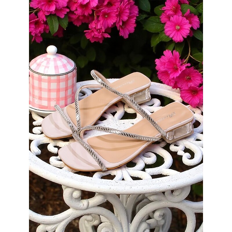 Women's Rhinestone Strappy Slide Sandals - Clear Low Block Heel Open Toe Slip-On Shoes for Adults, Daily Date & Summer Outings2