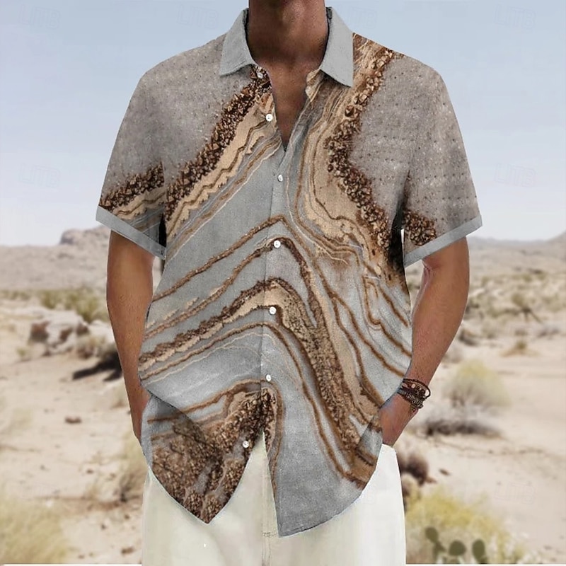 Men's Geometric Marble Abstract Art Shirt Summer Shirt Button Up Shirt Short Sleeve Fashion Casual Vacation Holiday Streetwear Summer Turndown 3D Print Front One Pocket Linen Like Shirt Blue Gray4