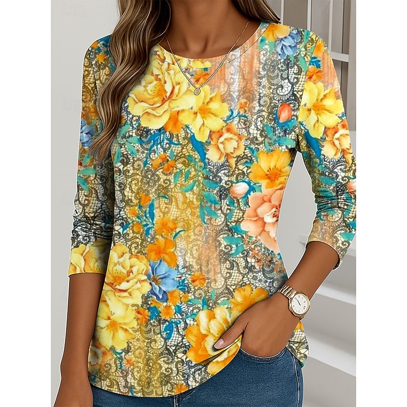 Women's T shirt Crew Neck Long Sleeve Tunic Floral Graphic Plants Vintage Stylish Classic  Round Neck Regular Tops Daily Print Yellow Red Fuchsia Green Fall
