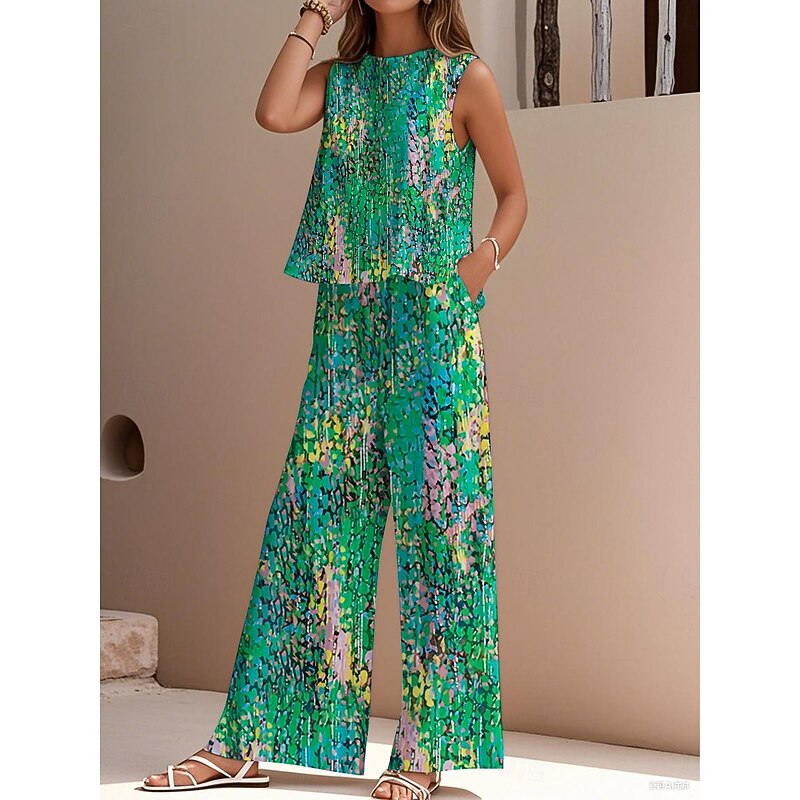 Women's Elegant Fashion Streetwear Two Piece Sets Blouse Vest Pants Trousers Sleeveless Crew Neck Outdoor Work Casual Floral Print Vacation Vintage Daily Holiday Blue Purple Fuchsia Summer Regular Fit3