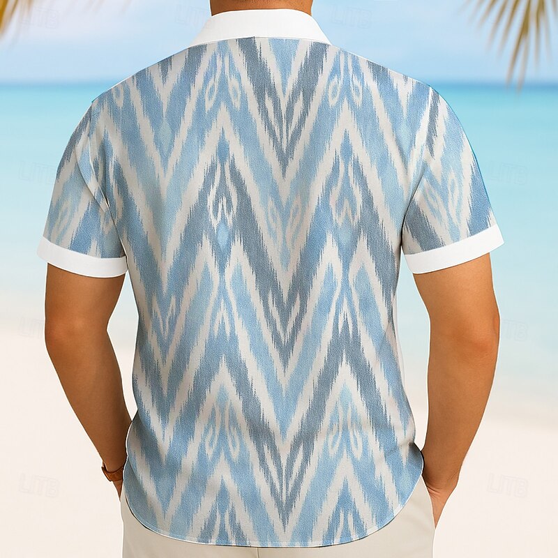 Men's Geometric Shirt Summer Shirt Button Up Shirt Short Sleeve Fashion Casual Outdoor Vacation Dailywear Summer Spring Turndown 3D Print Collared Shirts Front One Pocket White Blue3