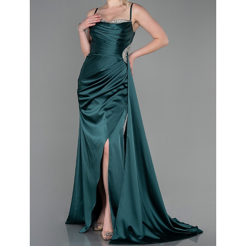 Black Tie Mermaid / Trumpet Evening Gown Adjustable Strap Elegant Dress Formal Wedding Floor Length Sleeveless Sweetheart Satin with Ruched Crystals4