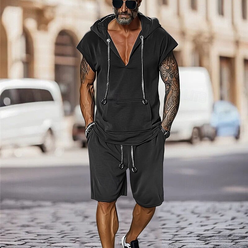 Men's T-shirt Suits 2 Pieces Outfits Tee & Shorts Short Sleeve Hooded Summer Plain Fashion Casual 2 Piece Vacation Daily Wear Going out Black Brown Top Tee for Men2