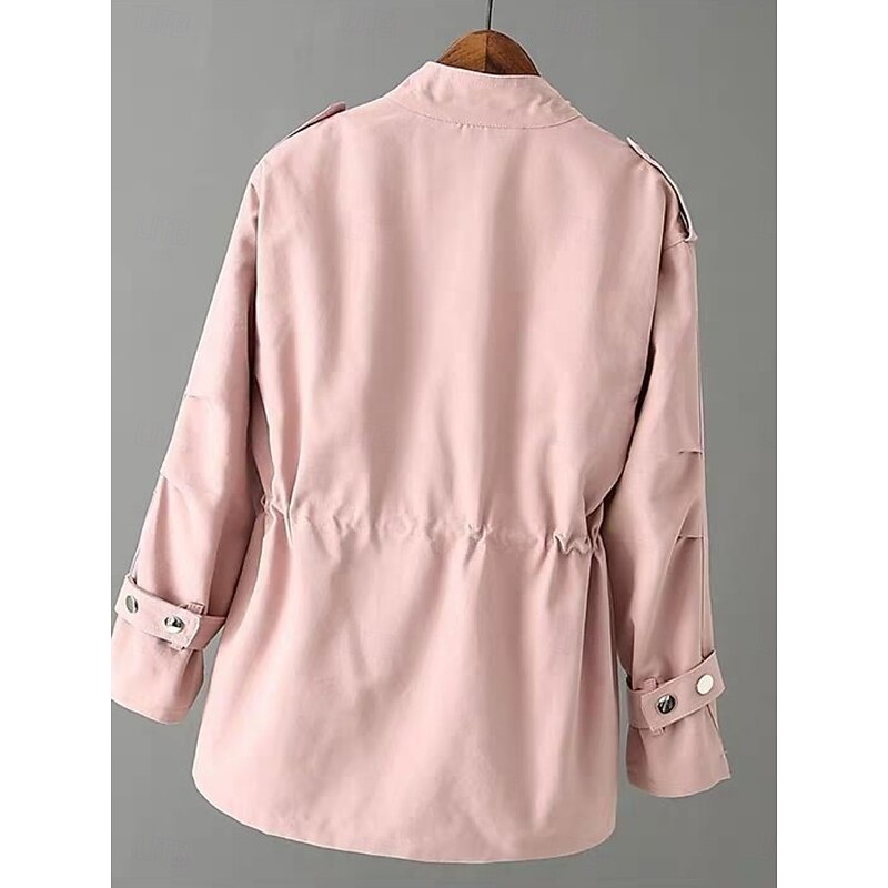 Women's Casual Jacket Comfortable Breathable Pocket Casual Plain Street Casual Daily Wear Zipper Regular Turndown Loose Fit Long Sleeve Outerwear Black White Pink Summer3