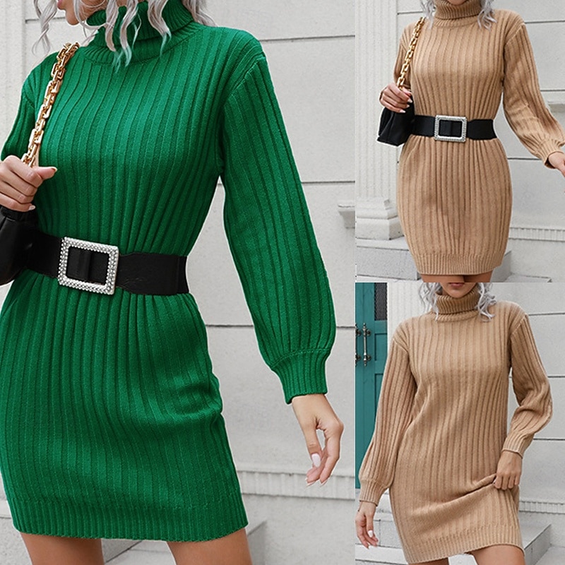 Women's Mini Dress Sweater Dress Knit Dress Casual Dress Fashion Outdoor Party Holiday Regular Fit Plain Short Sleeve Turtleneck Green Khaki Fall