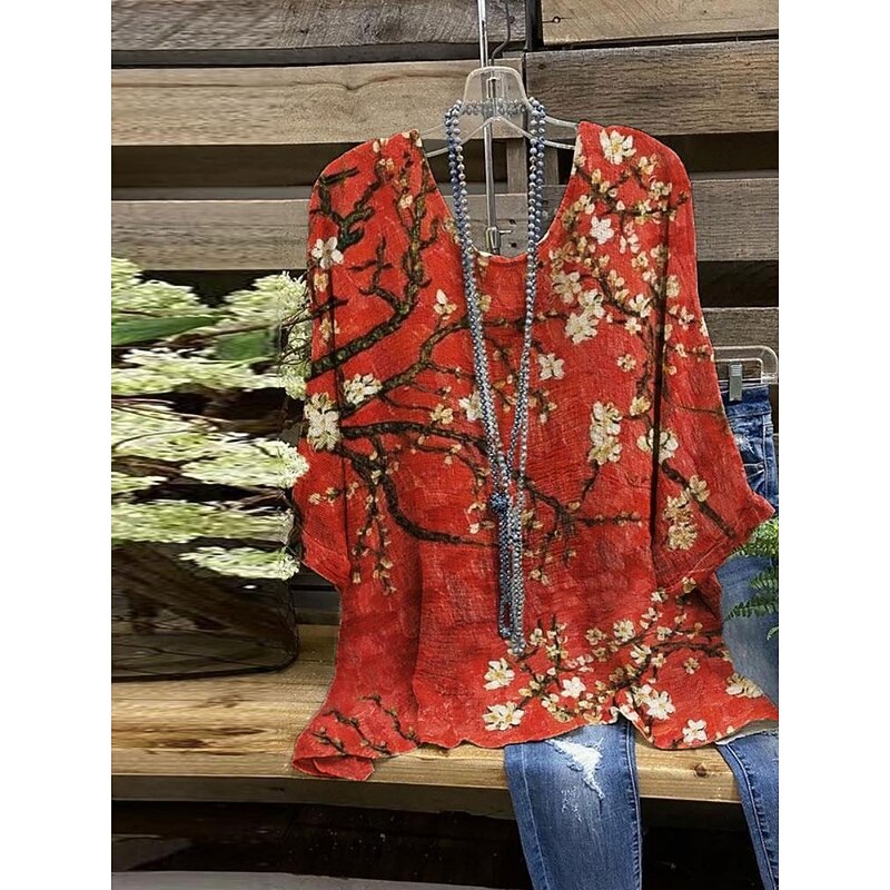 Women's Shirt Floral Stylish 3/4 Length Sleeve Crew Neck Regular Tops Daily Holiday Print Wine Red Blue Purple Summer4