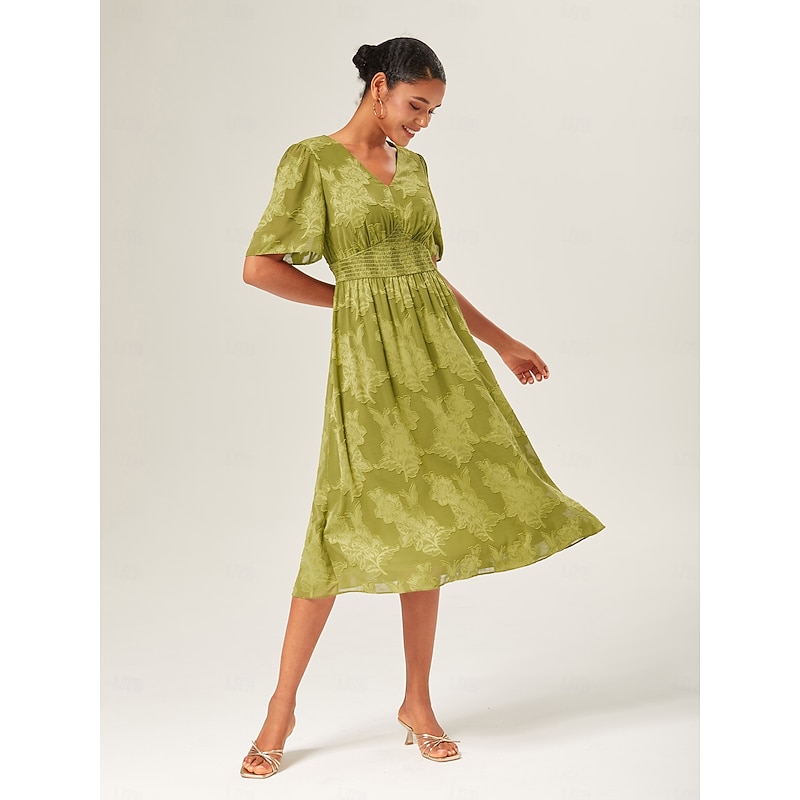Women's Elegant Dress Green Short Sleeve Jacquard Jacquard Spring & Summer V Neck Elegant Dress Vacation Date S M L3