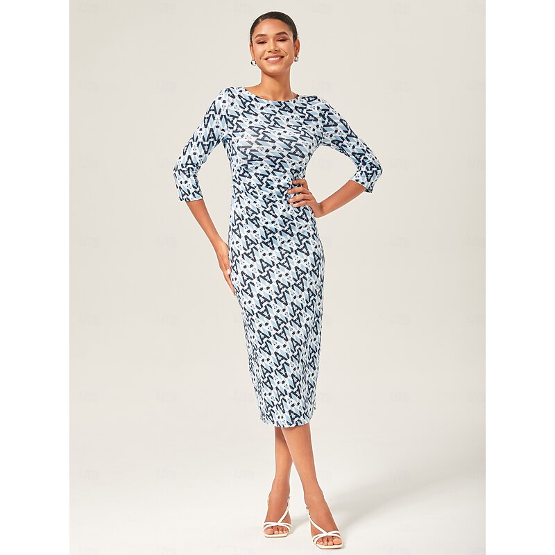 Women's Women Casual Dress Midi Dress Blue 3/4 Length Sleeve Geometric Backless Summer Cross-Seasons Bateau Print XS S M2