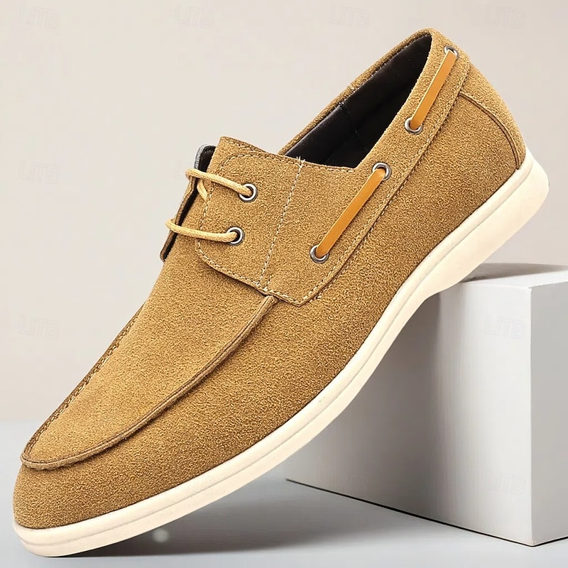 Men's Beige Faux Suede Boat Shoes with Lace-Up Design – Comfortable Casual Footwear for Weekend, Vacation & Daily Use