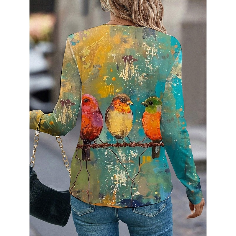 Women's T shirt Long Sleeve Crew Neck Long Sleeve Tunic Graphic Animal Bird Vintage Stylish Classic Regular Tops Daily Weekend Print Blue Green  Prefall2