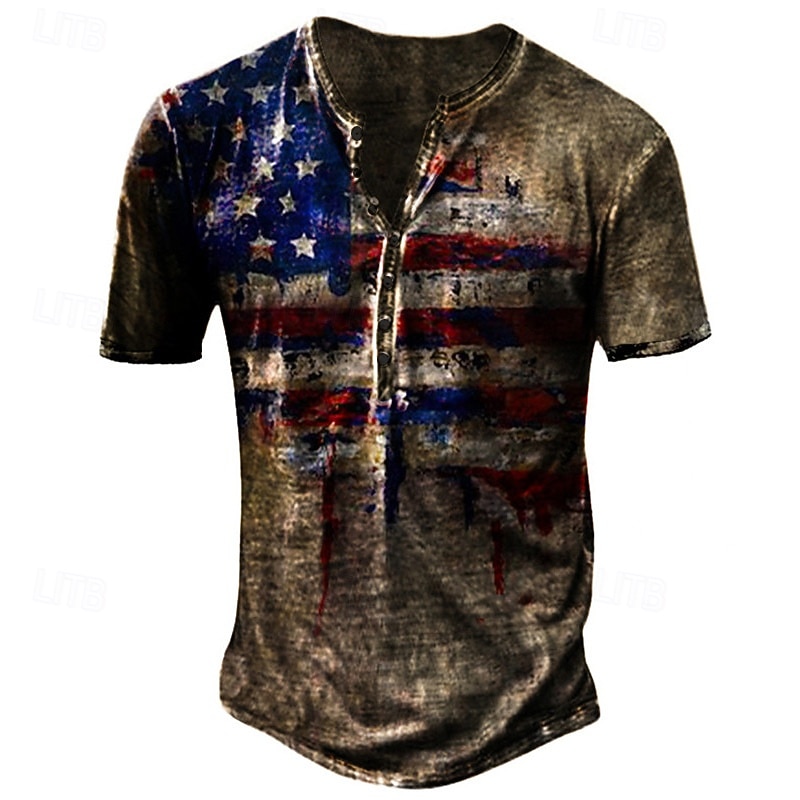 Men's American Independence Day Graphic Prints American Flag National Flag T Shirt Henley Shirt Short Sleeve 3D Print Sports Fashion Designer Outdoor Street Daily Summer Black Army Green Brown Light