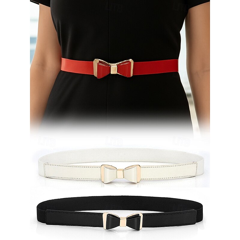 Women's Bowknot Elastic Waist Belt – Faux Leather Dress Belt with Metal Buckle, Elegant Skinny Style for Office, Party or Formal Outfits