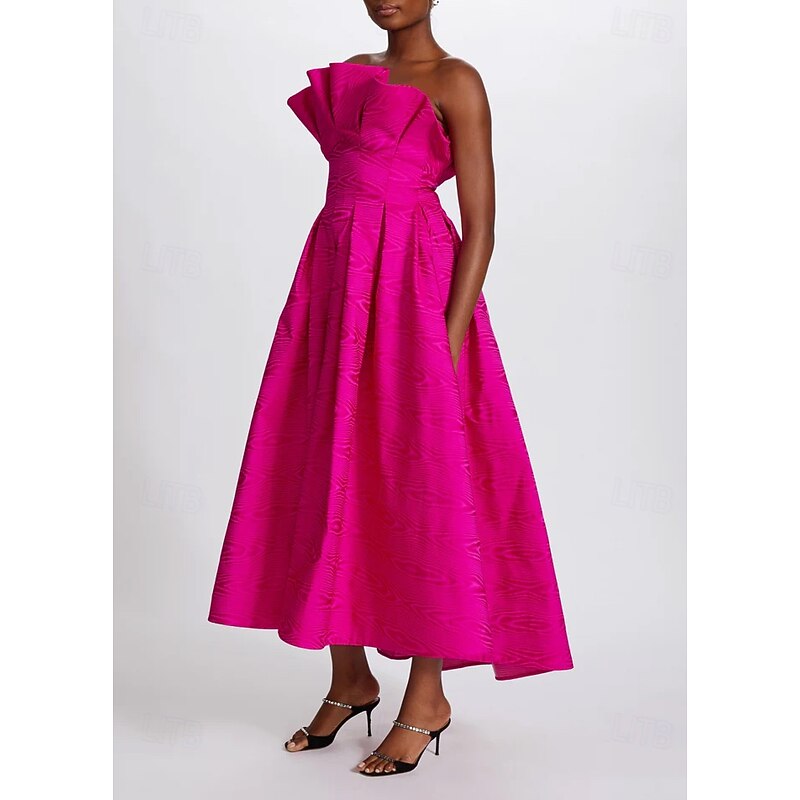 Moire A-Line Cocktail Dresses Elegant Dress Formal Semi Formal Wedding Tea Length Midi Length Sleeveless Strapless Satin Ruffles with Pockets4