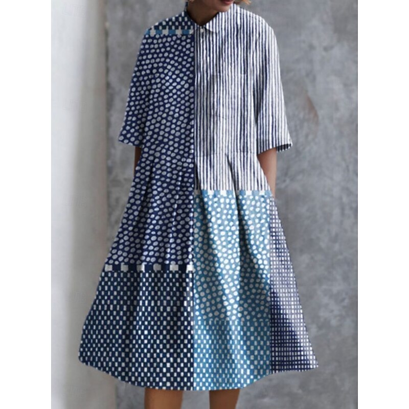Women's Midi Dress A Line Dress Summer Dress Casual Daily Regular Fit Geometric Striped Half Sleeve Lapel Red Blue Sky Blue Apricot Summer2