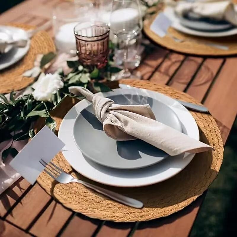 5-Piece Round Rattan Placemats Set, 13-Inch Natural Hand-Woven Water Lily Placemats for Dining Table, Rustic Style Table Mats for Home and Wedding Decor3