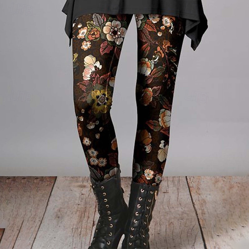Women's Slacks Leggings Cozy Leggings Streetwear Casual Full Length Natural Flower Elastic Waist Print Comfy Outdoor Comfortable Outdoor Vacation Holiday Dark-Gray Wine Black Fall Regular Fit3