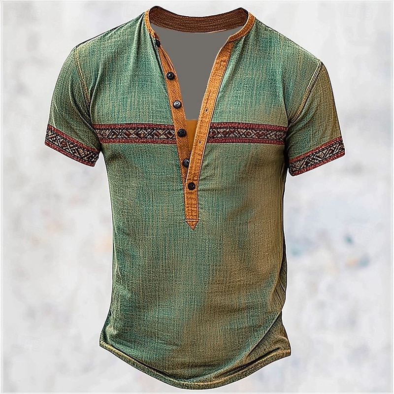 Men's Printed Ethnic T Shirt Henley Shirt Tee Short Sleeve Designer Basic Ethnic Outdoor Casual Daily Summer Green Henley Henley T-Shirt