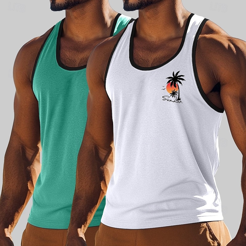 2 Piece Men's Tank Top Vest Top Sleeveless Shirt Muscle Shirt Sleeveless Crew Neck Summer Coconut Tree Sports Fashion Casual 2 Piece White Black Green Grey Tank Top4
