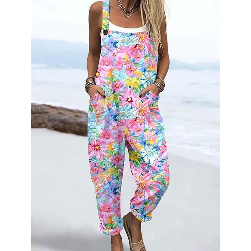 Women's Dungarees Active Floral Sleeveless with Pocket Vacation Daily Loose Fit Pink Blue Green Summer