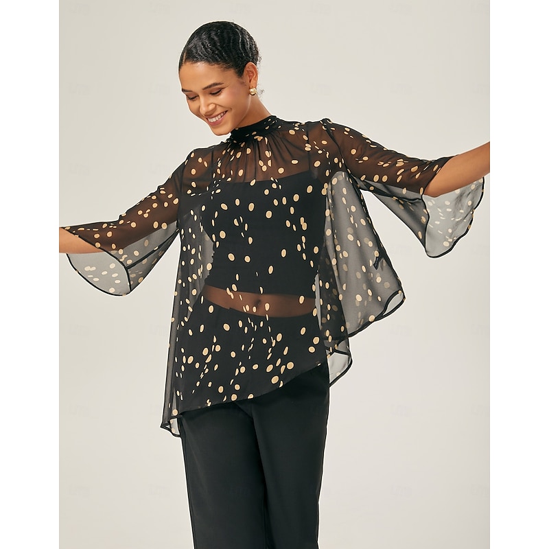 Black-Yellow Dot Asymmetric Chiffon Blouse