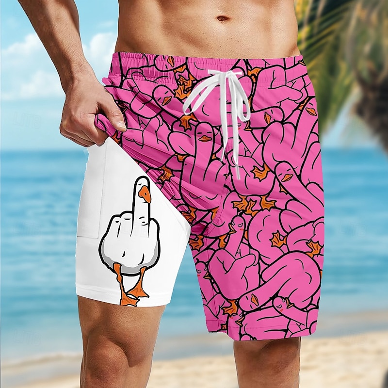 Men's Animal Funny Duck Lined Shorts 2 in 1 Board Shorts Swim Shorts Mid Waist Hawaiian Vacation Holiday Side Pockets With Compression Liner Elastic Drawstring Waist Designer Clothing Apparel4