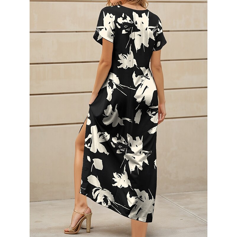 Women's Maxi Dress Casual Dress Sundress A Line Dress Vacation Casual Beach Regular Fit Floral Graphic Short Sleeve V Neck Black White Red Blue Summer Spring2