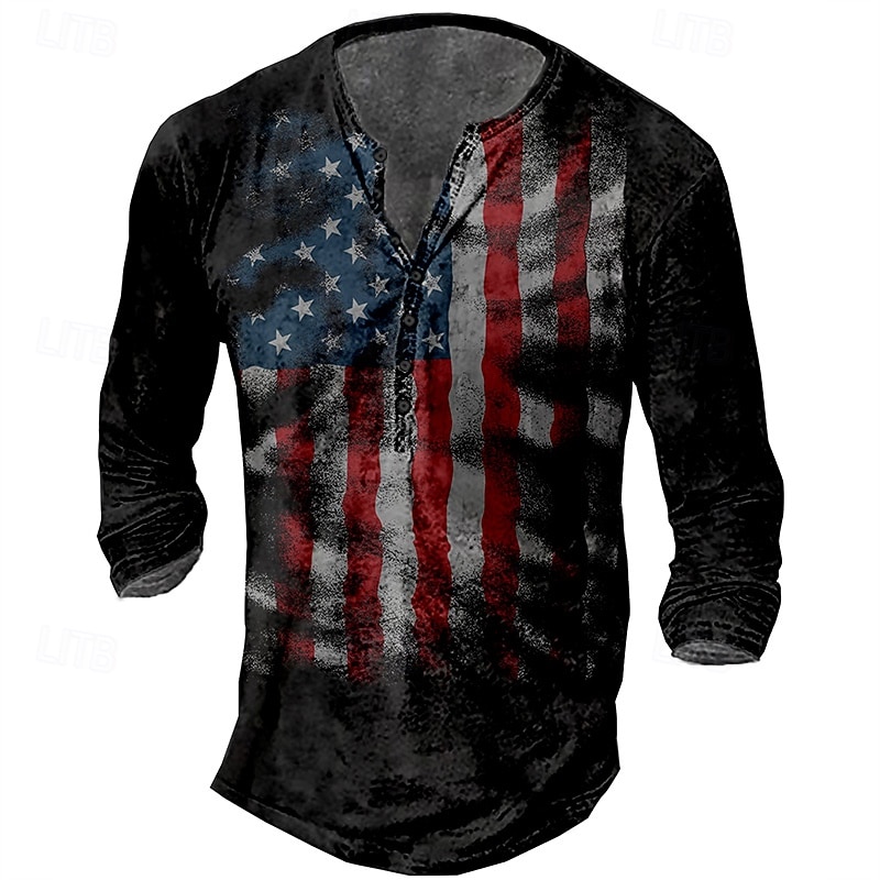 Men's T shirt Tee Henley Shirt Tee Basic Classic Casual Shirt Graphic American Flag 1776 Long Sleeve Shirt Black Red Navy Blue Street Casual Daily Henley Spring &  Fall Clothing Apparel Plus Size S M3