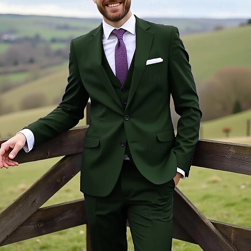 Men's Wedding Business Suits Notch Lapel Royal Blue Dark Green Fashion Formal Solid Colored Standard Fit 3 Piece Single Breasted Two-buttons