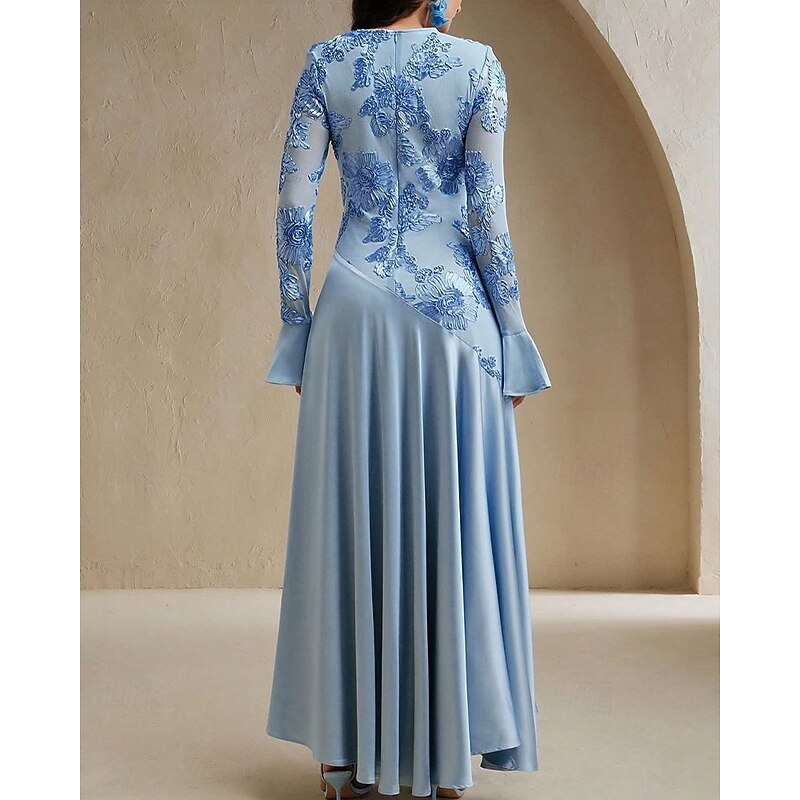 Ribbon Lace Mother of the Bride A-Line Evening Gown Elegant Dress Formal Wedding Floor Length Long Sleeve Crew Neck Stretch Material4