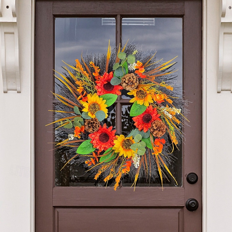 Fall Wreath for Front Door Thanksgiving Autumn Harvest Indoor Outdoor Decoration, Pinecone and Sunflower Artificial Wreath Wholesale Home Porch Hanging Decor4