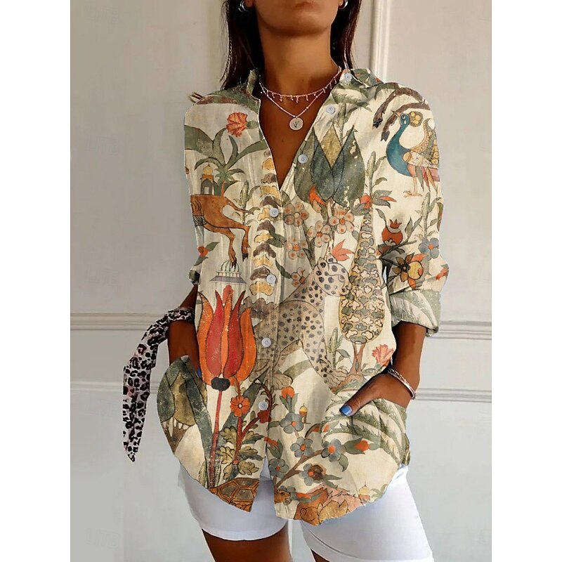Women's Shirt Floral Vintage Ethnic Long Sleeve Shirt Collar Regular Tops Daily Holiday Buttons Print Apricot Beige Spring Fall