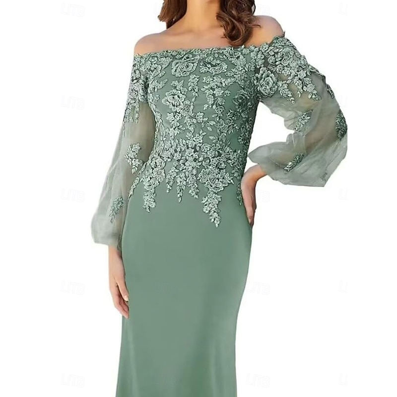 Mermaid / Trumpet Mother of the Bride Dress Elegant Off Shoulder Floor Length Lace Long Sleeve with Solid Color3