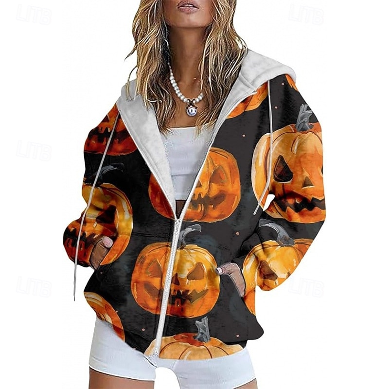 Women's Casual Jacket Comfortable Pocket Print Sports Fashion Outdoor Pattern Casual Daily Weekend Zipper Regular Hooded Regular Fit Long Sleeve Outerwear Light Green Pink Orange Spring Fall2