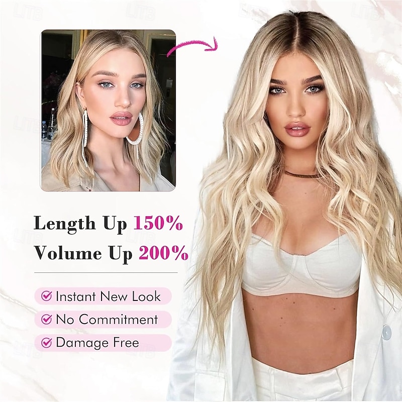 Clip in Hair Extensions 4PCS Blonde Hair Extensions 24 Thick Long Beach Waves hair extensions HE003 Invisible Lace Weft Natural Soft Hairpieces for Women  Platinum Blonde2