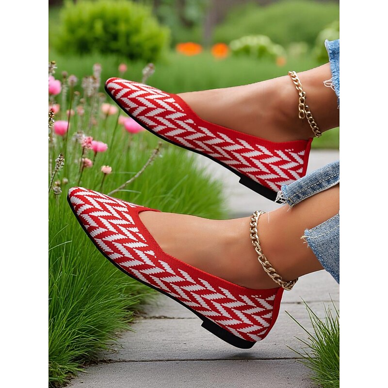 Women's Red Flyknit Ballet Flats – Chevron Pattern Soft Pointed Toe Flats for Casual Dates, Picnics and Daytime Events3