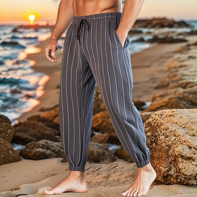Men's Linen Pants Trousers Summer Pants Beach Pants Pocket Drawstring Elastic Waist Striped Comfort Breathable Vacation Daily Holiday Hawaiian Boho Black White4