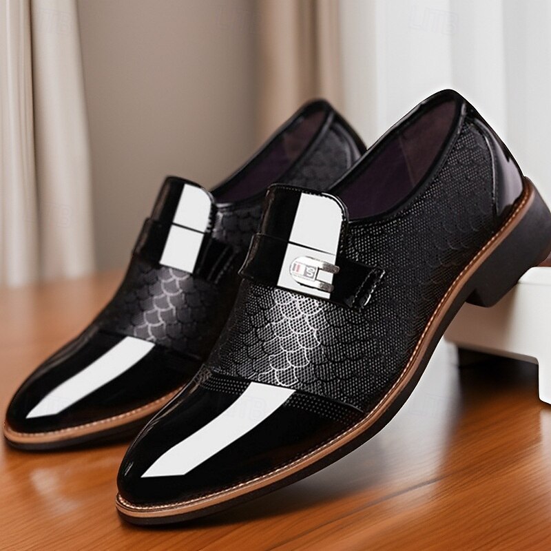 Men's Black Patent Faux Leather Loafers with Textured Scale Pattern and Metal Buckle, Elegant Slip-On Dress Shoes for Weddings, Business and Formal Events3