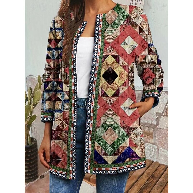 Women's Jacket Dailywear Square Neck Print Floral Casual / Daily Elegant Regular Fit Outerwear Long Sleeve Spring Red S4