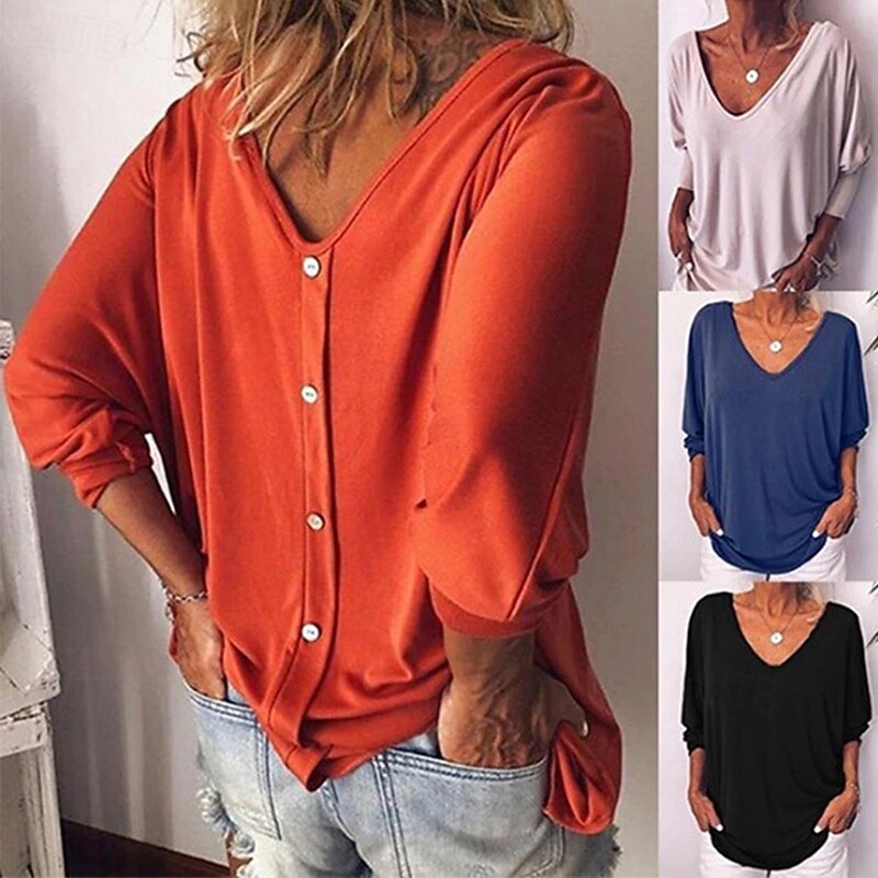 Women's Blouse Solid Color Stylish Casual Long Sleeve V Neck Regular Tops Daily Black White Wine Blue Orange Summer Spring