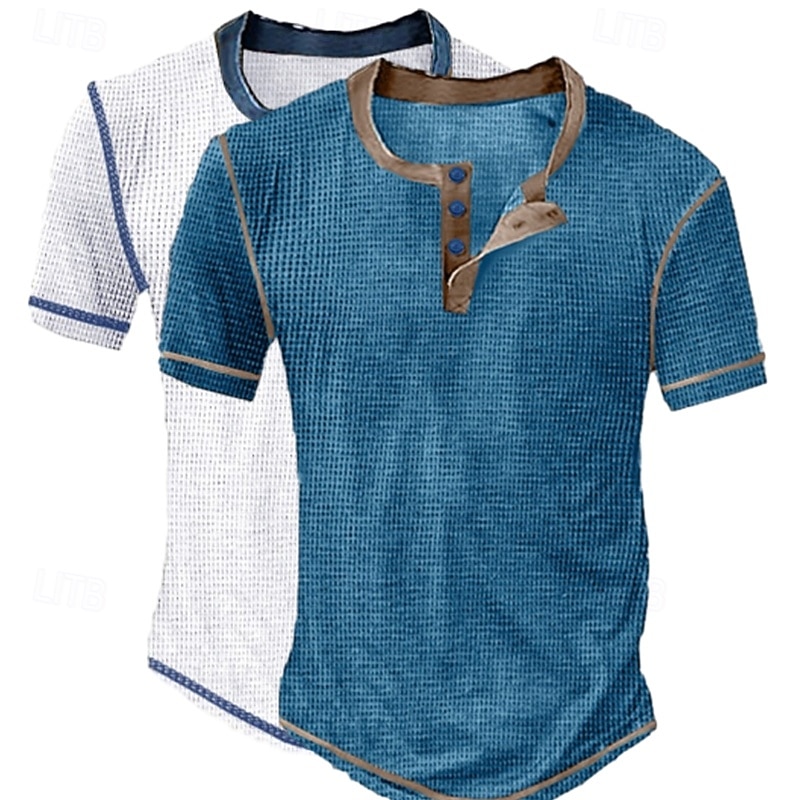 Men's Waffle Henley Shirt Tee Short Sleeve Solid Fashion Designer Casual Buttons Henley Outdoor Casual Daily Summer Brown+Yellow Dark Blue / Light Blue Grey / White Henley T-Shirt3