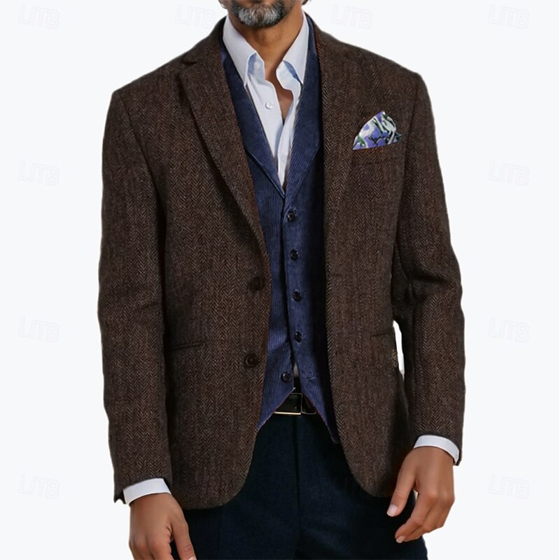 Men's Tweed Blazer Herringbone Blazer Jacket Brown Retro Vintage Classic Standard Fit Single Breasted Two-buttons