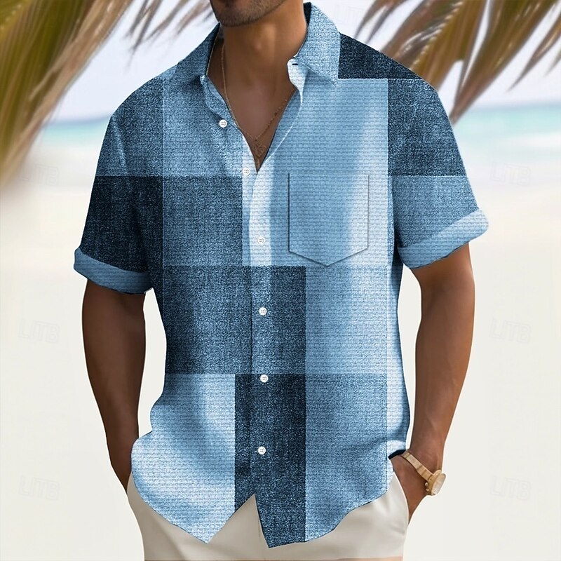 Men's Geometric Color Block Shirt Summer Shirt Button Up Shirt Short Sleeve Fashion Casual Outdoor Vacation Dailywear Summer Spring Turndown 3D Print Collared Shirts Front One Pocket Blue Green
