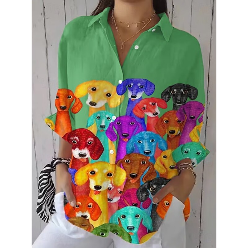 Women's Shirt Button Down Tunic Shirt Collar Long Sleeve Ombre Dog Active Cute Daily Regular Tops Work Daily s Print Black White Pink Blue Green Spring Fall4