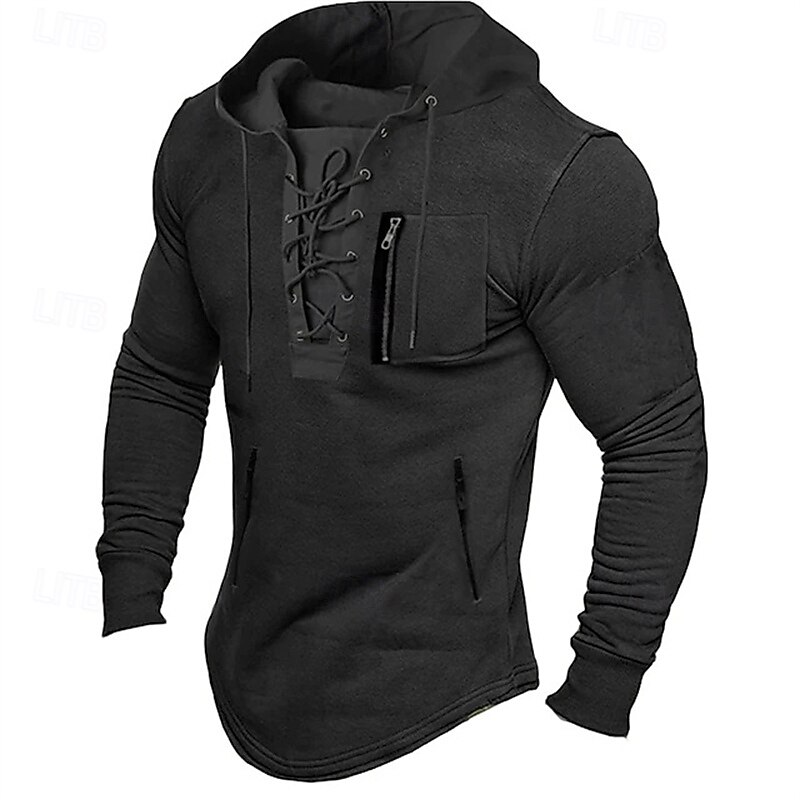 Men's T Shirt Tee Tee Top Long Sleeve Shirt Long Sleeve Hooded Spring Fall Plain Fashion Designer Basic Lace up Zipper Vacation Street Going out Black Blue Brown Top Tee for Men4