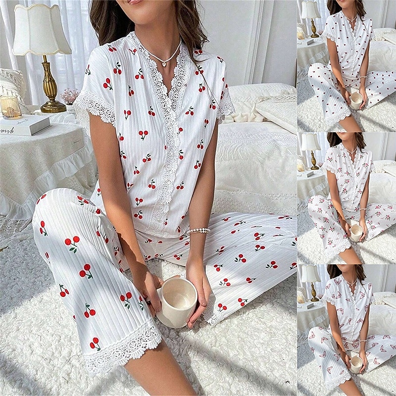 Women's Pajama Set Casual Comfort Floral Butterfly Patchwork Elastic Waist Shirt Pant Home Daily Short Sleeve V Neck Light Pink White Pink Red Summer Spring Regular Fit